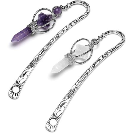 Vintage sølvmetallbokmerker for kvinner Ametyst Klar kvarts krystallpunkter Merkaba stjerneanheng Bokmerke for Grils Menn, Pakke med 2