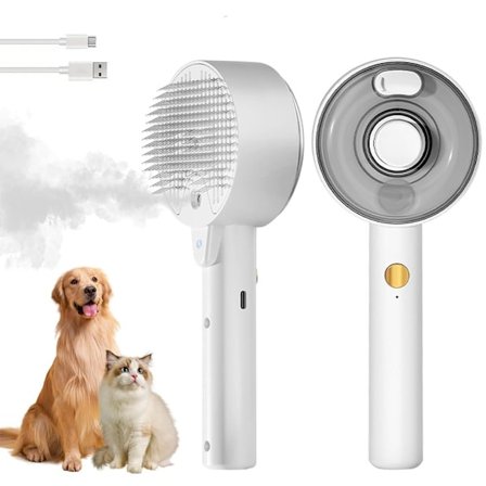 4-i-1 Dampbørste til Katte med Vandbørste, Et Klik for at Fjerne Dyrehår fra Børsten, Kattehårbørste Egnet til Hunde og Katte (Hvid)