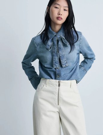 Mango Denim Shirt With Bow - Blue - XS
