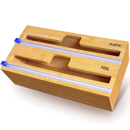 Folie Dispenser, 100% Bambus Aluminiumfolie Dispenser - Aluminium Bakepapir Wrap Organizer Dispenser for Kjøkkenskuff (2 i 1)