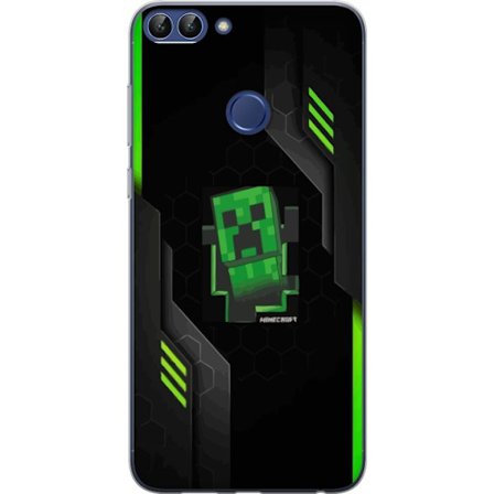 Kompatibelt Mobilskal till Huawei Huawei P smart Grön pixelbaserad creeperliknande spelillustration med futuriska neoninslag och mörk techbakgrund p