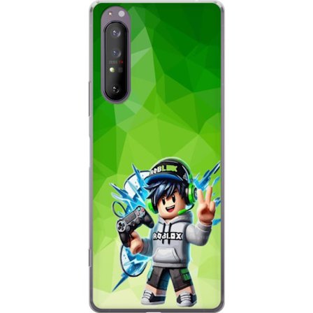 Kompatibelt Mobildeksel til Sony Xperia 1 II Roblox-inspirert gamerfigur med headset, håndkontroll og energiske effekter mot grønn bakgrunn