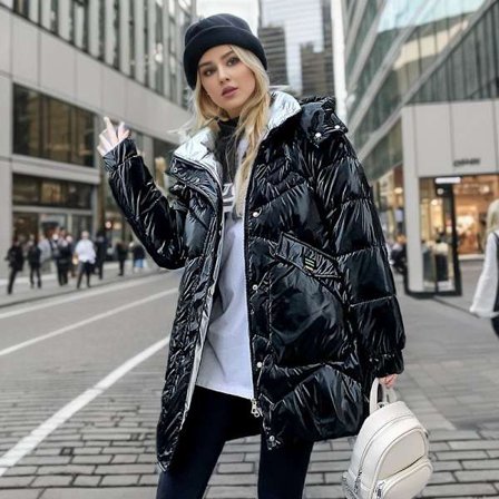 Vinterjakke for kvinner, blank ståkrage, vanntett hette dunjakke, blank overflate, ikke vask*XXXL*svart