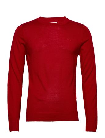 Merino Knit O-Neck Strikkegenser M. Rund Krage Rød Lindbergh