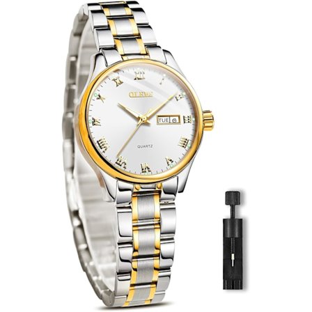 Dame Diamant Quartz Ur Kalender Månefase Vandtæt Ur (Hvidguld Sølv)