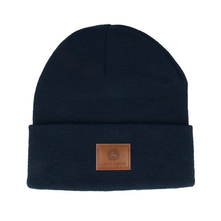 John Deere - Blauw cuff Beanie - Fake Leather Patch Beanie Navy Cuff @ Hatstore