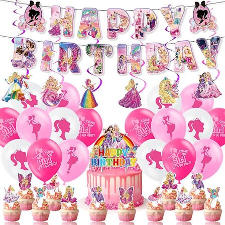 Barbie Tema Grattis på födelsedagen Party Tillbehör Ballonger Set Banner Cupcake Tårtdekorationer Set Dekoration