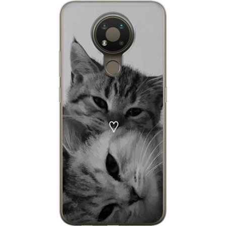 Yhteensopiva Puhelinkuori Nokia Nokia 3.4 Mustavalkoinen kissakuva kahdella kissalla ja sydänmerkillä, romanttinen ja kodikas eläinaihe.