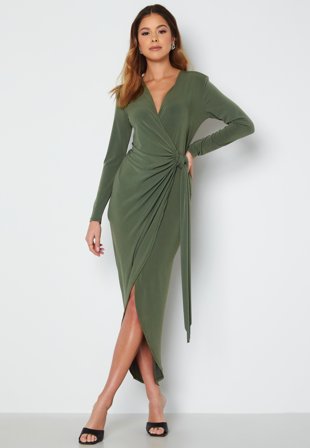 John Zack Long Sleeve Wrap Maxi Dress Khaki Klær