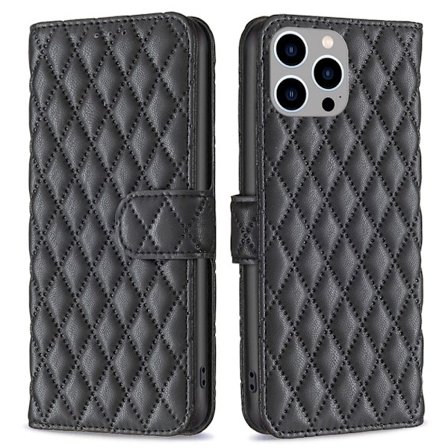 BINFEN COLOR iPhone 14 Pro Max 6.7 inch BF Style-14 Matte Vegansk Læder Imprinted Rhombus Pattern Case Stand Wallet Cellphone Guard Cover - Sort