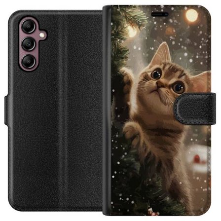 Yhteensopiva Lompakkokotelo Samsung Galaxy A14 5G Joulukissa joulukuusen valossa lumisateessa, täydellinen motiivi joulun ystäville ja kissan ystävill