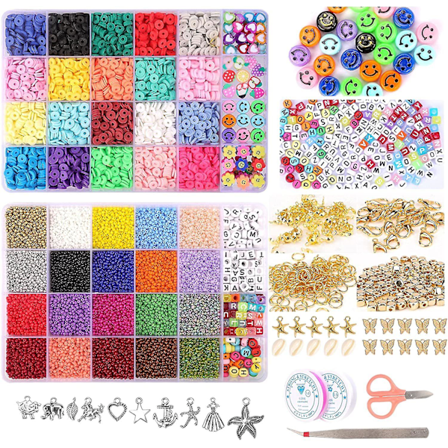 25 000 stk glassperler leireperler til smykkefremstillingssett, preppy armbånd flate perler med smilefjesperlebokstavperler charms anheng til jenter 
