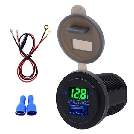 USB Billader med Spenningsdisplay IP66 Vanntett 12-24V DC 2.1A