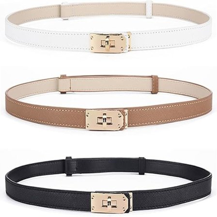 Smalt læderbælte til kvinder, 3-delt taljebælte til damer Justerbart med drejelås Taljebælte Klassisk dekorativt smalt (Sort Hvid