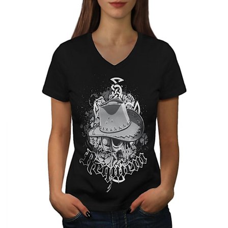 Mode Dead Cowboy Dam T-shirt med svart v-ringad hals