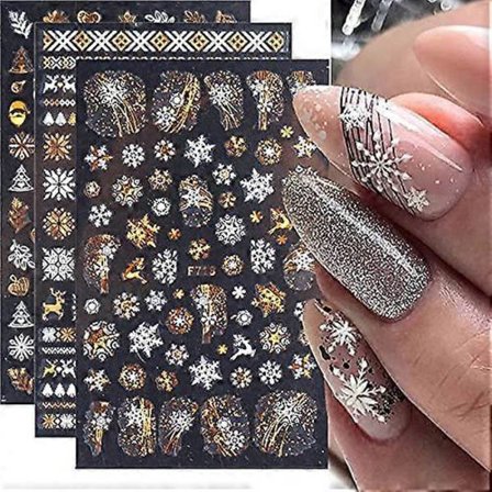 Snöflinga Nagelkonst Stickers Dekaler Jul Laser Bronzing 3D Självhäftande Nageldekorationer Tillbehör Romantisk Vinter Snöflinga Älg (Laser Guld)