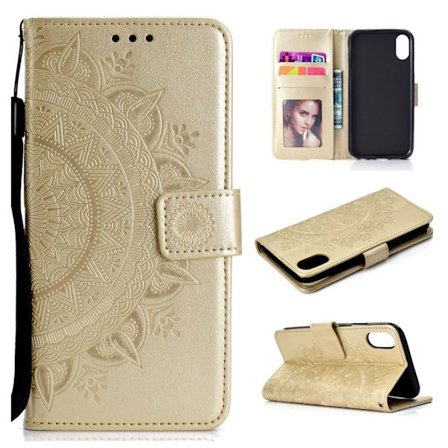 iPhone Xr flip cover i læder med Mandala-mønster - Guld