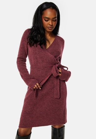 Pieces Ellen LS Wrap Knit Dress Tawny Port Klær