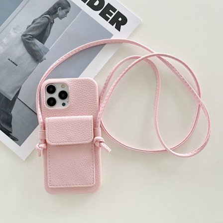 Litchimønster-mønstret telefoncover kompatibelt med iPhone 16e, med hovedtelefonholder og snor, i pink med læderstruktur og kan bæres crossbody.