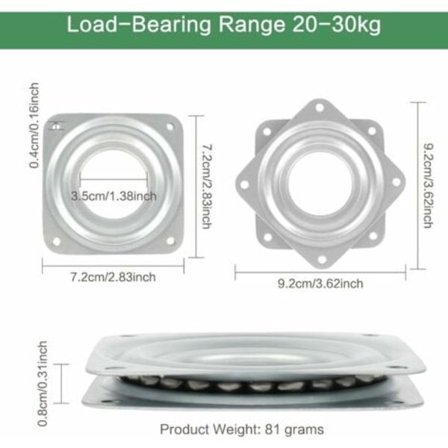360 graders roterende skive 6 deler Metallskive TV-skive Firkantet roterende plate 4 kulelager Dreieplate for kontormøbler, 3 tommer