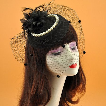 Mesh Slør Hodeplagg Buesløyfe Fjær Perle Fascinator Hatt Cocktail Kostyme