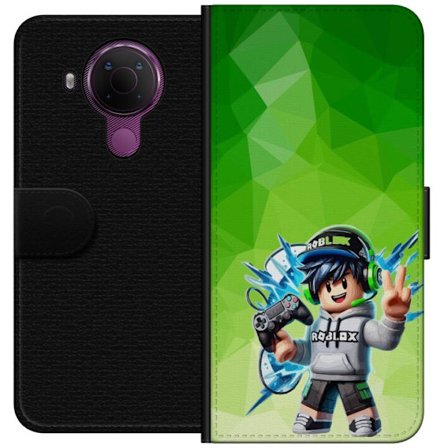 Yhteensopiva Lompakkokotelo Nokia 5.4 Roblox-inspiroitu pelaajahahmo, jossa on kuulokkeet, ohjain ja energiset efektit vihreää taustaa vasten