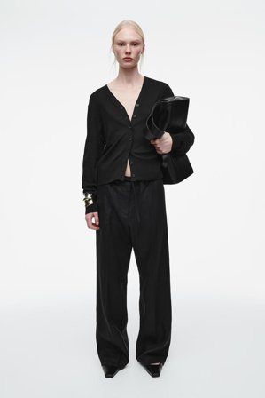 COS Women's Cardigan Con Scollo A V In Lana Merino E Lino in Nero