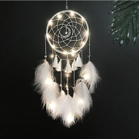 Lille drømmefanger med LED-lys, håndlavet drømmefanger med fjer, drømmefanger vægdekoration hjem ornament (måneskin hvid)