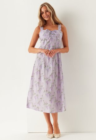 BUBBLEROOM - Frill Detail Cotton Midi Dress - Lavender/Patterned