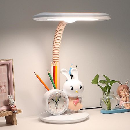 Børne skrivebordslampe, dæmpbar skrivebordslampe til piger med eksklusivt tegneserieudseende, dæmpbar kontorbordslampe med ur, LED bærbar læselampe 