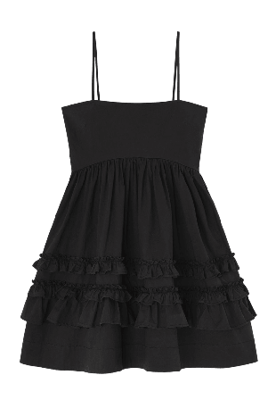 GANNI Stretch Cotton Mini Strap Dress w. Frills Kjolar Dam Svart 38