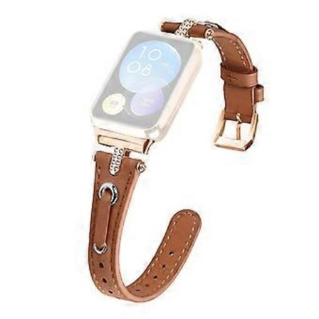 Kompatibel för Xiaomi Smart Band 8 Pro Rhinestone Äkta Klockarmband i Läder (Roséguld Spänne)(Brun)