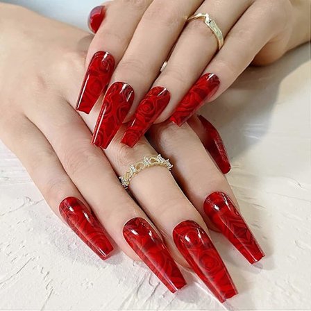 24 st Press-on Naglar Långa Kista, Falska Naglar med Nagellim, Falska Naglar med Design Akrylnaglar Limma på Naglar för Kvinnor och Flickor (Röd Ros