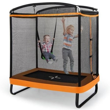 COSTWAY Trampolin til børn rektangulær 190x122cm 3 i 1 med gynge, vandret stang-40 galvaniserede fjedre 100 kg-gul