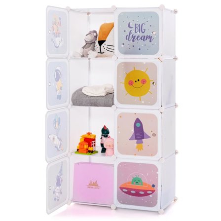 COSTWAY Børne Portable Skab 8 Kubes med Døre & Garderobe Sektion, Modulhylde, 71 x 36 x 142 cm Hvid