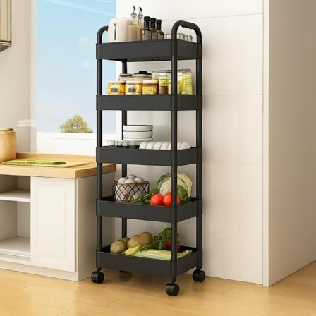 Pyörällinen tarjoiluvaunu - DECONATION - Musta - 5 tasoa - 4 monisuuntaista pyörää - Helppo koota