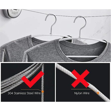 Inntrekkbar klesline 2,8m Inntrekkbar kles tørkestativ med justerbar flettet rustfritt ståltau, tørkestativ for hotell, bad, balkong