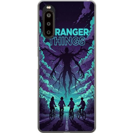 Yhteensopiva Puhelinkuori Sony Sony Xperia 10 II Stranger Things -inspiroitunut fantasiaillustraatio, jossa on tumma hirviö, pyöräilevät lapset ja