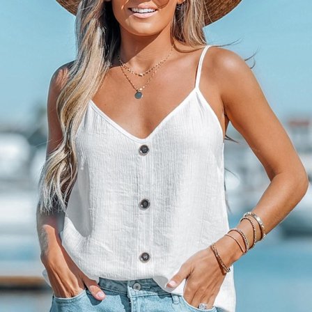 Dam V-ringad Tank Top Trendig Knappdekor Lös Ärmlös Spaghettiband Tank Top för Sommar Vit S
