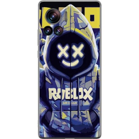 Kompatibel Mobilcover til Motorola Motorola Edge 30 Ultra Blågul Roblox hættetrøje-figur med minimalistisk neonstil og mesh-ansigt, moderne spilill