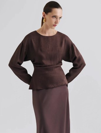 Malina Rosalie Jacquard Weave Satin Blouse - Brown - 38