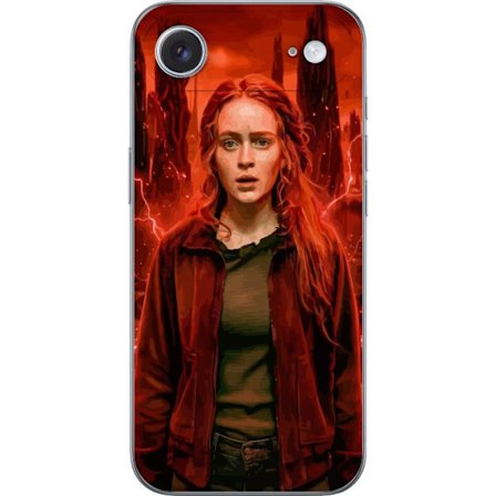 Kompatibelt Mobilskal till Apple Apple iPhone 17 Air Porträtt av en ung kvinna med rött hår i en apokalyptisk landskap, röda blixtar och mörka kl