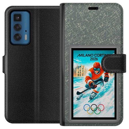 Kompatibel Tegnebogsetui til Motorola Edge 20 Pro Curling illustration med spillere og sten på isen, Milano Cortina 2026, snedækkede stænk og olympisk