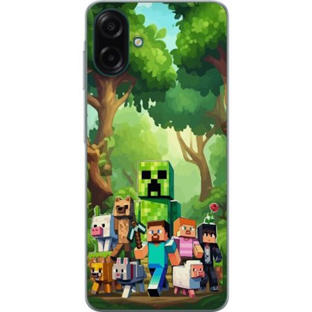 Kompatibelt Mobildeksel til Samsung Galaxy A07 4G Blokkete pikselerte spillverden med grønne figurer og dyr i frodig skogsmiljø