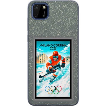 Yhteensopiva Puhelinkuori Huawei Y5p Curlingkuvitus pelaajilla ja kivillä jäällä, Milano Cortina 2026, lumisia roiskeita ja olympiasormukset