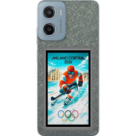 Yhteensopiva Puhelinkuori Motorola Moto E15 Curlingkuvitus pelaajilla ja kivillä jäällä, Milano Cortina 2026, lumisia roiskeita ja olympiasormukset