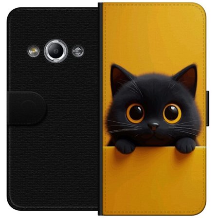 Kompatibelt Lommeboketui til Samsung Galaxy Xcover 3 Søt svart katt med store øyne på gul bakgrunn - minimalistisk og sjarmernende dyreillustrasjon
