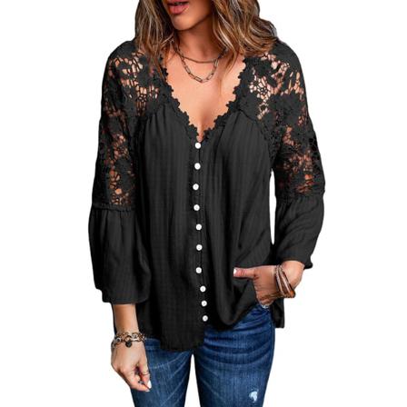 Bell Sleeve V-hals Hollow Out Flower Lace Patchwork Skjorta Femme