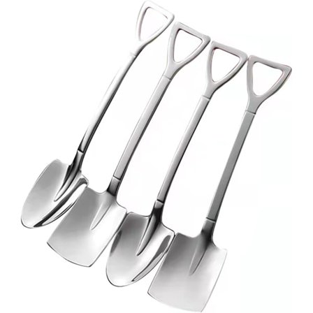 4 st rostfria skedar i form av spade, spetsiga skedar, kaffeskedar, teskedar, sockerskedar, tårt- och dessertskedar för fest