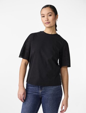 YAS Yaslex Ss Top W. Emb Sleeves S. Noos - Black - XS